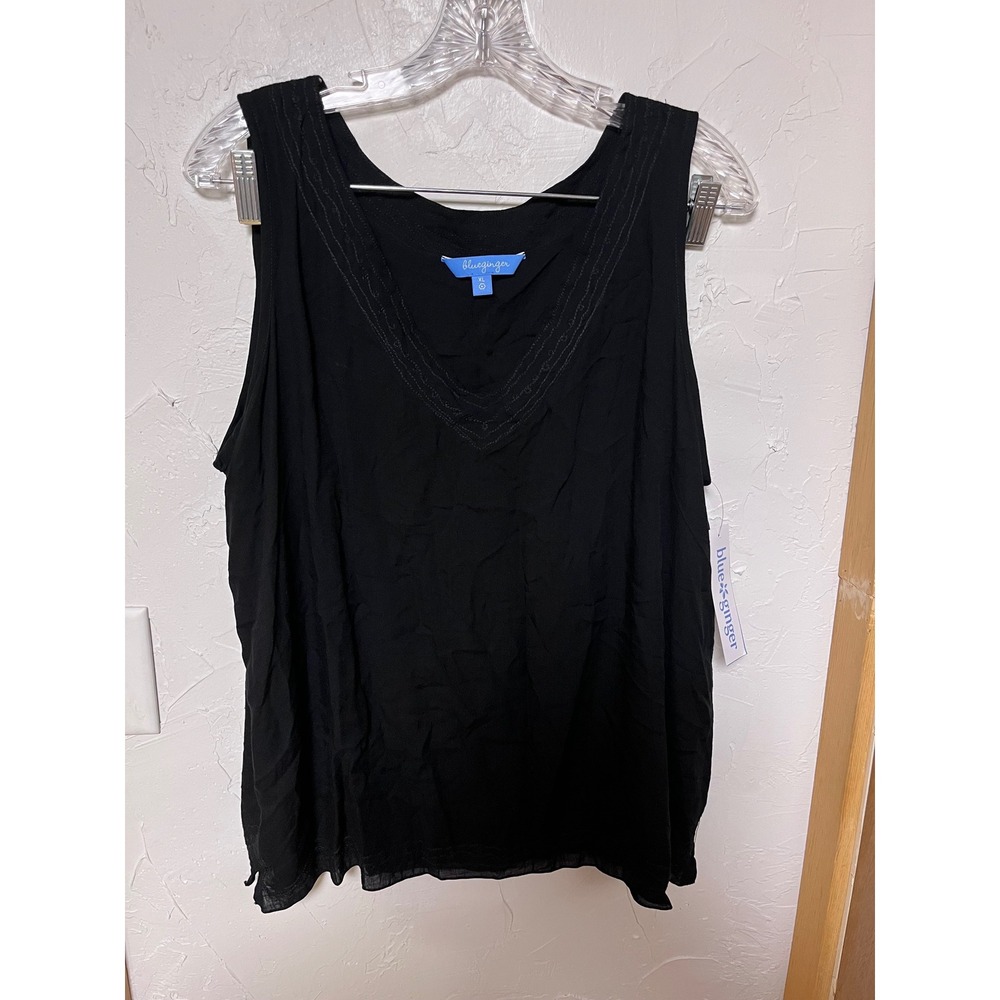 Blue Ginger Black Rayon Sleeveless V-Neck Embroidered Tank Top NWT XL